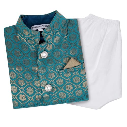 Superminis Boy's Cottton Kurta With Golden Thread Work Nehru Jacket and Elastic Closure Pyjama Set (2-3 Years, Blue)