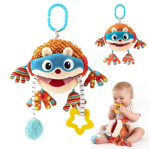 Baby Car Seat Toys Hanging - Sensory Ball Travel Toys for 6 7 8 9 10 11 12 Monthes with Rattle, Teether, Squeaky, Crinkle,Textures, Soft Montessori Plush Toys Newborn Gift Boys Girls Infant Roadtrip