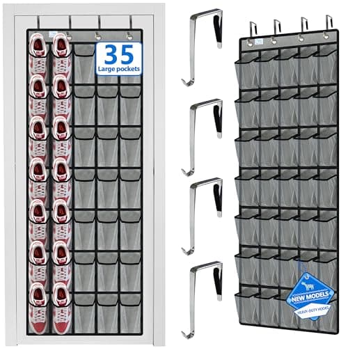 zebricolo over the door shoe organizer,upgraded,over door shoe organizer,35 Huge clear pockets,over door shoe organizer,Store size 13 shoes,hooks Suitable for various doors,Grey