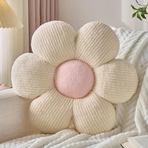 Znhinery Flower Pillow, Decorative Throw Pillow for Bed Couch, Flower Shaped Pillow Home Decor Daisy Pillows (Ivory White, 14.9 Inches)