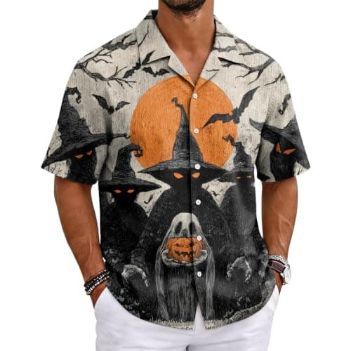 Halloween Costumes Vintage Horror T Shirt for Men Skeleton Graphic Tees for Adult 2026 Fall Spooky Season Funny Pumpkin Bat Button Up Short Sleeve