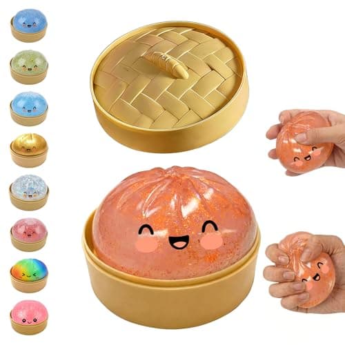Dumpling Squeeze,Shiny Dumpling Shaped Squishy Toy, Dumplings Glitter Mystery Box,Colorful Sensory Toys Stress Relief Ball, Soft Squeeze Decompression Dough with Food Steamer (Golden Orange)