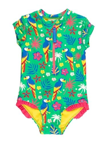 RuffleButts Girls UPF50+ Sun Protection Front Zipper Short Sleeve Rash Guard One Piece Swimsuit - Parrot Palms, 6