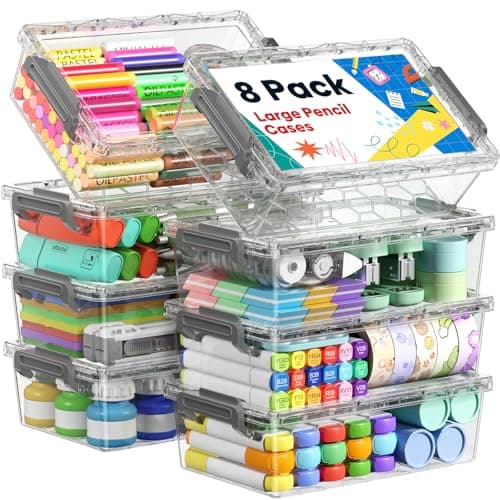 BiuLeon 8 Pack Large Pencil Box Set, Plastic Clear Pencil Case Marker Organizer, Crayon Box Craft Organizers, Stackable Storage Containers with Lid for Pen, Art and Craft Supplies(Grey)