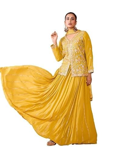 Women's Georgette Beads Embroidery Work Salwar Suit Anarkali Kurta Set with Dupatta Chinnon Silk (US, Alpha, XX-Large, Regular, Regular, Yellow)