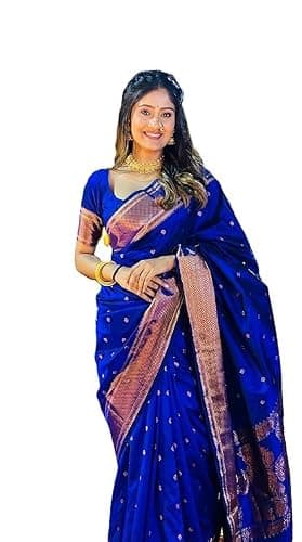 Indian Women's Banarasi Saree Pure Kanjivaram Style Silk Saree With Blouse Piece for Partywear/Festival/Wedding Gift Item (Violet Blue)