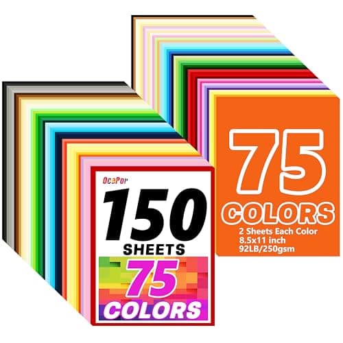 OcePor 150 Sheets Colored Cardstock 75 Colors, 8.5x11 Color Cardstock Bulk, 250gsm/92lb Assorted Colors Construction Paper for Printing, Card Making, Die Cutting, Crafts, Scrapbooking, Party