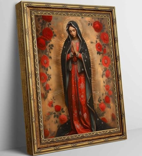 SQHVFXWR Golden Frame Our Lady of Guadalupe Canvas Wall Art with Religious Virgin Mary Painting Decor for Home Church Office - Red Rose & Halo Blessed Virgin Artwork9x11in