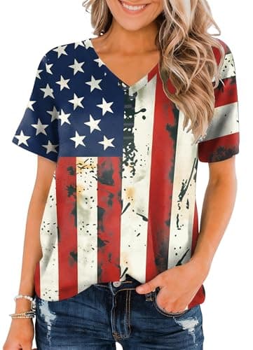 PICKID American Flag Shirts for Women: USA 4th of July T Shirt Patriotic Tops USA Flag Stars Stripes Graphic Tees