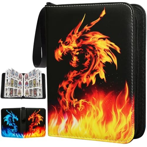 Card Binder with Fire & Ice Dragon Design - 9 Pocket Trading Card Binder with Zipper, 900 Capacity, 50 Double-Sided Pages, 3-Ring Removable, Handle for Game Cards, Sports Cards