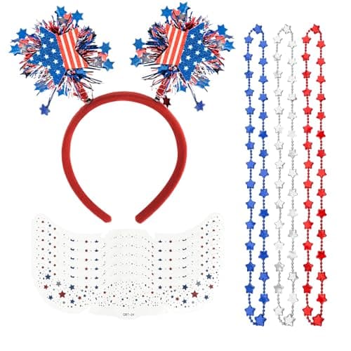ANBALA Independence Day Accessories Set, Red White and Blue 4th of July Headband, 3Pcs 4th of July Necklaces & 6 Sheets Patriotic Face Tattoos for Women