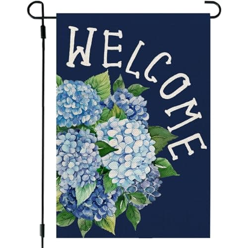 CROWNED BEAUTY Spring Garden Flag Hydrangea Welcome 12x18 Inch Double Sided Small Floral Seasonal Holiday Decoration for Outdoor Lawn Yard