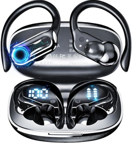 Acjohtin Wireless Earbuds, Bluetooth Headphones 6.1, 90H Playtime Ear Buds with Hooks for Sports, Dual LED Display Earphones IPX7 Waterproof for Gym/Runing/Workout