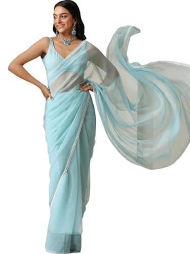 Be4Me.com Alia Bhatt Celebrity Inspired Floral Printed Soft Satin Silk Bollywood Partywear Sari (Chinnon Sky)