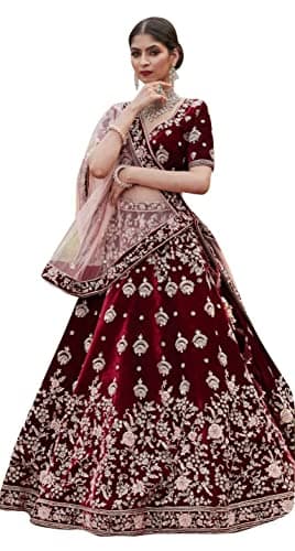 TRENDMALLS Women's Maroon Velvet Embroidery Work Bridal Lehenga Choli with Dupatta For Women Ready to wear (L79-Maroon-M)
