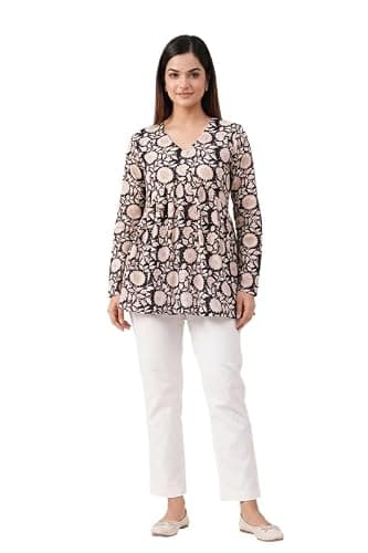 ANUSHIL Women’s Floral Kurti Tunic Top – Casual Long Sleeve Boho Blouse, Flowy Babydoll Style, V-Neck Ethnic Indian Kurta for Jeans & Leggings Black Beige