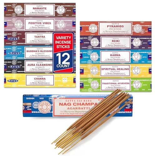 Satya Incense Sticks - Nag Champa, Namaste, Positive Vibes, Tantra, Buddha Blessing, Aura Cleansing, Chakra, Pyramids, Reiki, Karma, Spiritual, Traditional Ayurveda, Pack of 12 Assorted Fragrances