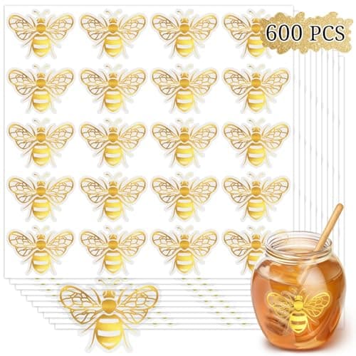 600Pcs Gold Foil Bee Stickers, Self Adhesive Clear Envelope Seal Labels, Queen Bee Decals for Gift Cards, Crafts, Baby Shower, Birthday & Party Favors