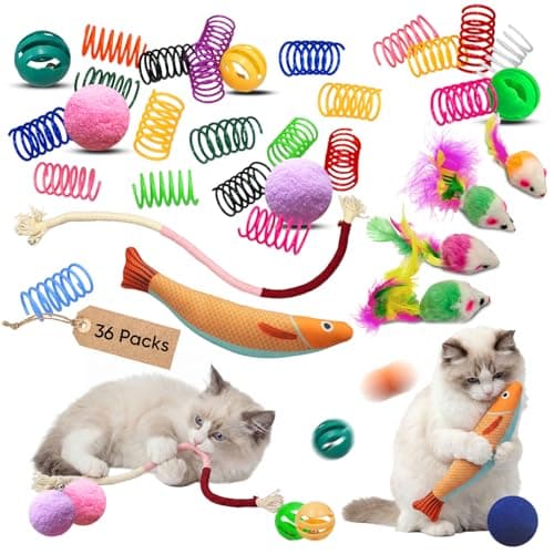 YULOYI 36 Pcs Interactive Cat Toys Set for Indoor Cats Kitten Toys Variety Pack Includes Plush Fish, Chew Ropes,12Colors Cat Springs, Feather Mice and Balls Best Gift to Relieve Boredom for Adult Cats