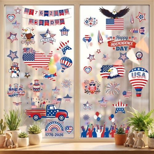 112Pcs 9 Sheets 4th of July Window Clings - American Flag, Eagle, Fireworks & Stars Decals for USA 250th Anniversary Independence Day - Reusable Static Stickers for Home, Glass, Party Decor