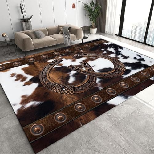 Western Rugs for Living Room, 2x3ft,Southwestern Native American Aztec Rugs,Rustic Horseshoe Brown Cow Print Rug,Boho Western Decor Carpet, for Bedroom Dining Room Non Slip Cowhide Rug