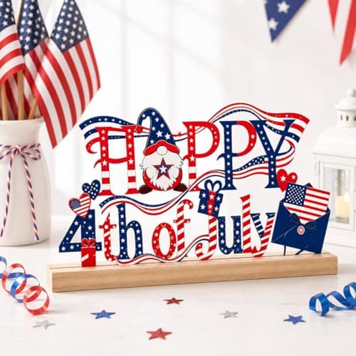 4th of July Decorations, Happy 4th of July Metal Table Sign with Wooden Base, Red White and Blue Patriotic Decor, Independence Day Tabletop Centerpiece for Home, Office, Shelf, Mantel, Indoor (4th of July)