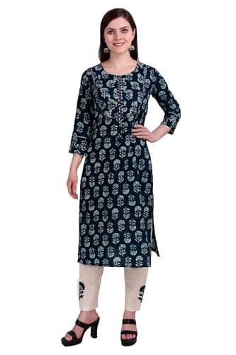 ladyline Women's 2-Piece 100% Cotton Kurta Pants Set | Ethnic Jaipur Print | Silver Zari Embroidered | Mirror Work | Co-Ord Set for Festive, Evening & Formal Wear (CPEKP RCR1420) (46/ Navy-Blue)
