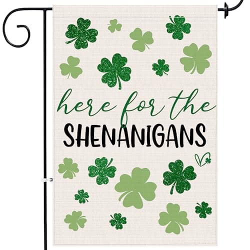 St Patricks Day Garden Flag 12x18 Inch Double Sided Outside, Here For The Shenanigans Shamrocks Clovers Burlap Flag Decorations Outdoor Yard Decor