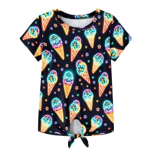 Funnycokid Girls Shirts Kids Short Sleeve Tee Shirt Tie Front Tops 7-8 Years Ice Cream Neon