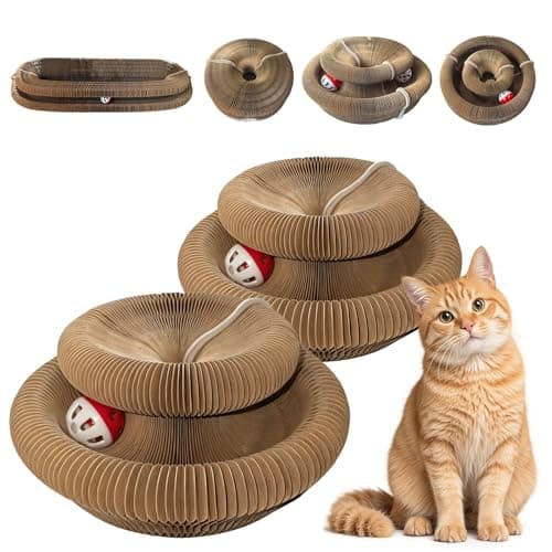 2-Pack Cat Pad Scratcher Toys, Magic Organ Cat Toy & Kitty Curls Cat Toy, Interactive Cardboard Cat Scratching Board with Bell Balls, Corrugated Scratcher for Indoor Cats, Furniture Protection