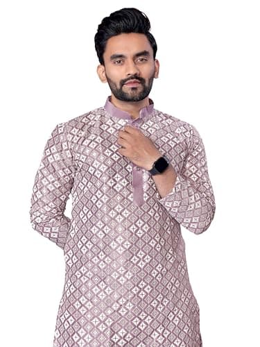FOXDX Men’s Silk Kurta with Sequins Embroidery | Slim Fit Ethnic Wear for Wedding, Festive & Party Occasions (Lavender, Large)