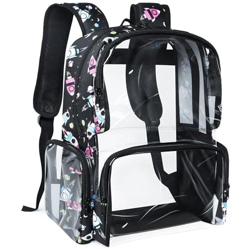 YOLIBON Clear Backpack Heavy Duty,18'' Large Clear Backpack with Multiple Pockets,See Through Bookbag for College Work Security,Rocket Black
