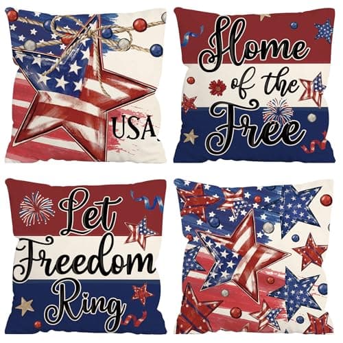 FUTBU 4th of July Throw Pillow Covers 18x18 Inch Set of 4, Patriotic Stars Let Freedom God Bless America Cushion Case Decoration for Sofa Couch Set of 4 Independence Day Decor for Home