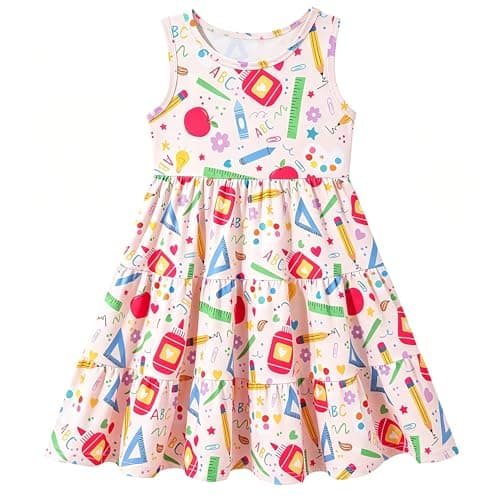 Lovekider Girls Back to School Dress Cute Stationery Art Print Sleeveless Tiered Dress for Elementary School Girls 6T Funny Play Outfits