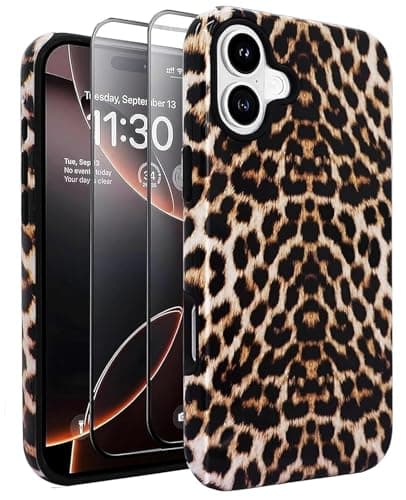 J.west for iPhone 16 Plus Case 6.7 inch with 2 Pack Tempered Glass Screen Protectors Cheetah Animal Leopard Floral Hybrid Cover for Women Protective Phone Cases (Brown Leopard, for iPhone 16 Plus)