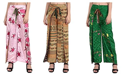 Maple Clothing Women's Beach Pants Boho Split Wide Leg Vintage Sari Beach Cover Up Hippie Reversible Wrap Wholesale 3 Pcs Pack
