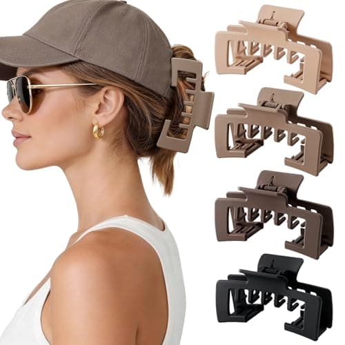 4 PCS Hat Claw Clips for Women, 4.1 Inch Large Hat Hair Clips for Medium/Thick Hair, Non-Slip Strong Hold Hat-Friendly Hair Claw Clips for Baseball Cap Trucker Hat, Natural Color (Patent Pending)