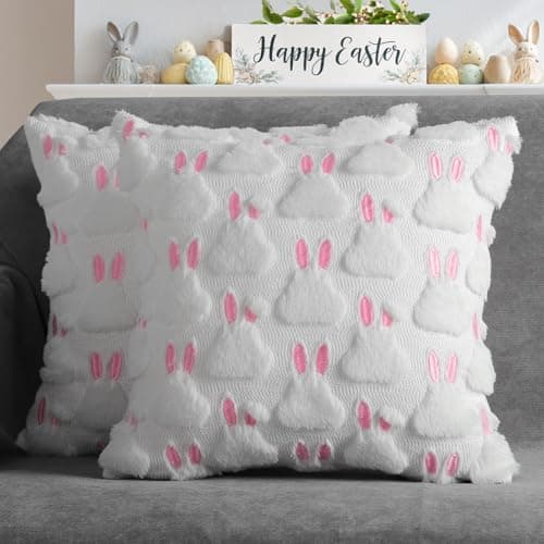 4TH Emotion Easter Decorative Pillow Covers 18x18 inch Set of 2, White Rabbit Soft Plush Faux Fur Farmhouse Throw Cushion Cases for Spring Holiday Home Decor