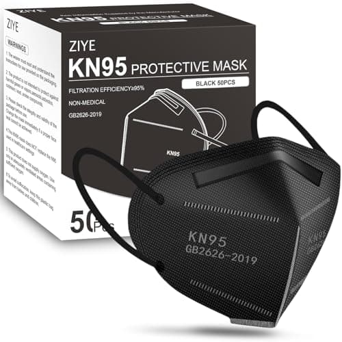 ZIYE 50-Pack Black KN95 Face Masks - 5-Ply Cup Dust Protective Masks with Elastic Ear Loops, Breathable for Daily Use
