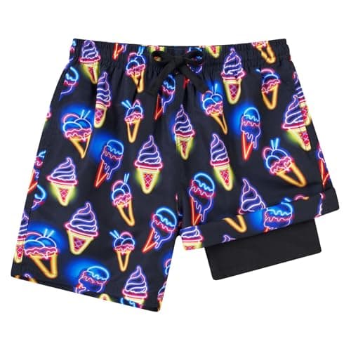 Lovekider Swim Trunks for Boys Neon Ice Cream Swim Trunks with Compression Liner Size 8 9 Kids Quick Dry Beach Bathing Suit with Drawstring for Summer Vacation