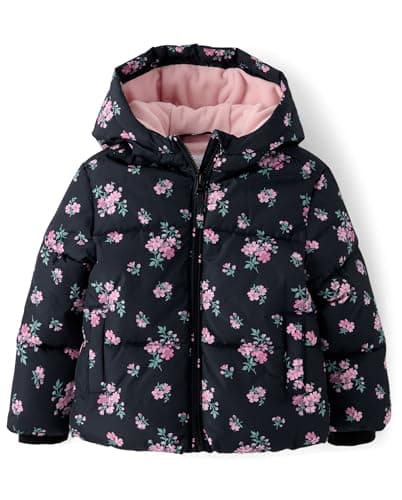 The Children's Place,Baby Girls,and Toddler Medium Weight Wind-Resistant, Water-Resistant Puffer Jacket,Black Floral,3 Years