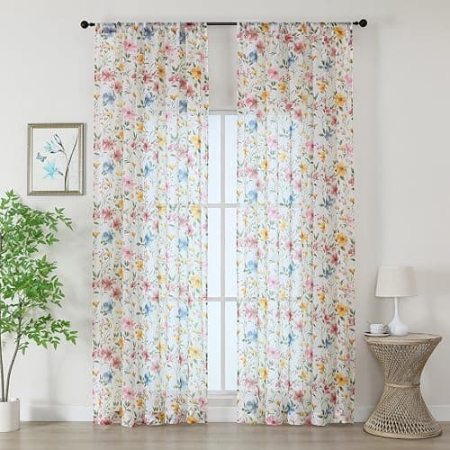 OWENIE Printed Floral Sheer Curtains - 96 Inches Long 2 Panels Set for Girls Bedroom Living Room, Soft Airy Light Filtering Textured Farmhouse Sheer Drapes, Rod Pocket Window Treatments, 50" Wx96 L