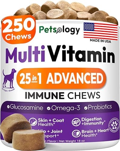 25-in-1 Dog Vitamins and Supplements - 250 Chews Dog Multivitamin Chewable with Glucosamine, Probiotics Omega 3 for Dogs Skin & Coat Hip & Joint Gut Brain Immune Support - Senior & Puppy Multivitamin