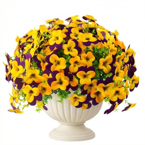 lovemoon 16 Pcs Artificial Pansy Flowers for Outdoors Yellow Faux Silk Spring Flowers for Outside, UV Resistant Realistic Pansies for Window Front Door Porch and Garden Home Decor (16, Purple,Yellow)