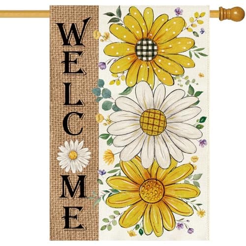 Baccessor Summer House Flag 28 x 40 Inch,Yellow Daisy Sunflower Floral Double Sided Burlap Welcome Large Yard Flag Seasonal Holiday Lawn Proch Outdoor Outside Decor