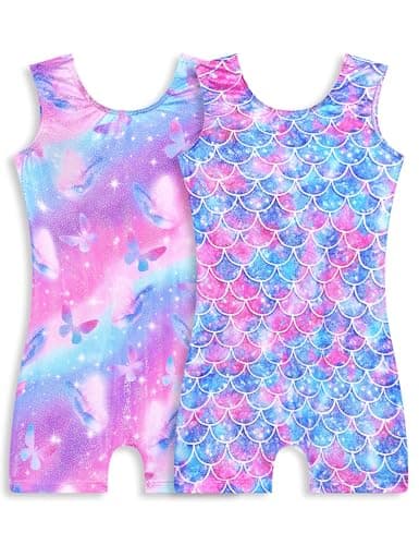 Girls Leotards for Gymnastics Size 2t 3t Sparkle Blue Pink Scales Colorful Cloud with Matching Shorts 2 Pack Dancewear