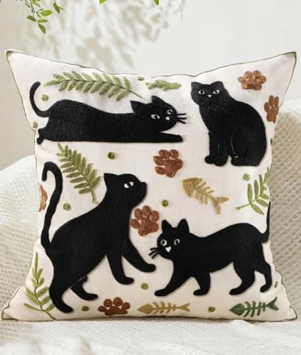 Kokaaee Embroidered Throw Pillow Cover 18x18 Inch - Farmhouse Decorative Animal Pillow Covers with Zipper for Couch Sofa Bedroom Living Room Boho Cushion Pillowcase, Black Cats