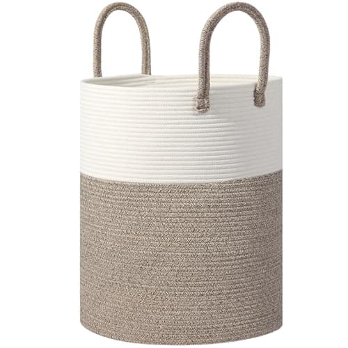 HOBASKET Large Woven Laundry Basket Hamper,100L Cotton Rope Storage Bin for Blankets,Toys and Clothes，Decorative Tall Blanket Basket for Living Room,Baby Nursery Hamper,Baby Storage Basket,Brown/White