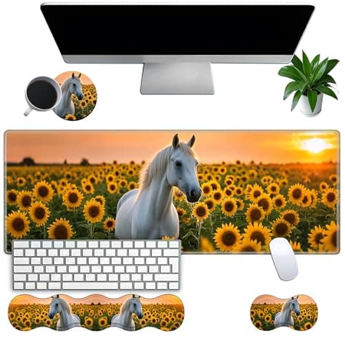 Large Gaming Mouse Pad Set with Wrist Support – 31.5" x 11.8" 4-in-1 XXL Mousepad with Keyboard Wrist Rest, Mouse Wrist Rest & Coaster – Ergonomic Desk Mat for Office, Home – Sunflower White Horse
