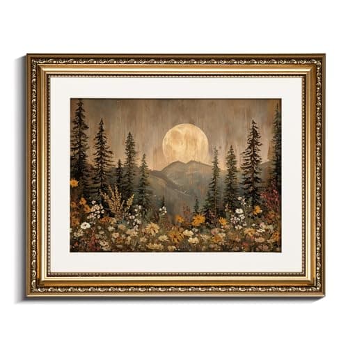 InSimSea Gold Picture Framed Wall Art, Living Room Vintage Nature Forest Wall Decor, Dark Moon Landscape Canvas Print Art, Home Farmhouse Decor, Antique Paintings with Frame 13x16inch